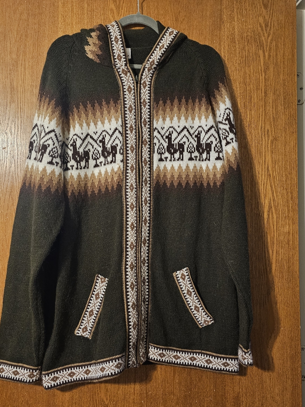 Alpaca Wool Olive Green Hooded Zip Cardigan